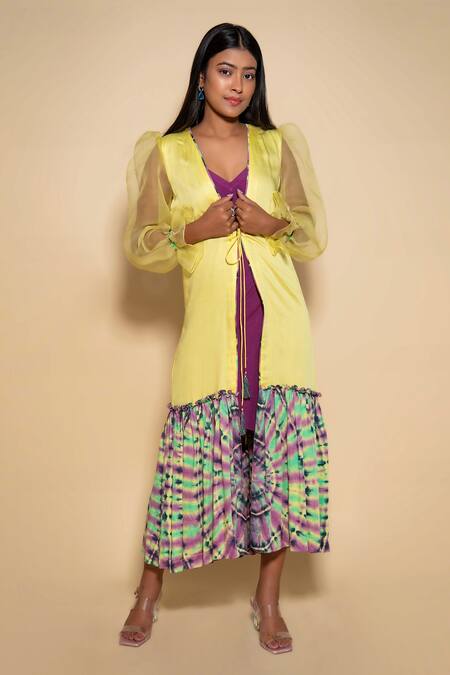 Ranng Label_Yellow Modal, Satin Open Neck Tie Dye Hem Shrug _Online_at_Aza_Fashions