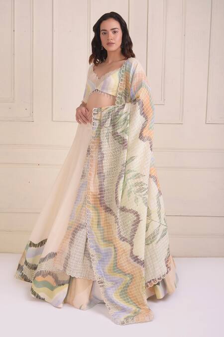 Shwetanga_Ivory Cotton Embroidery V-neck Placement Print Organic Lehenga Set _Online_at_Aza_Fashions