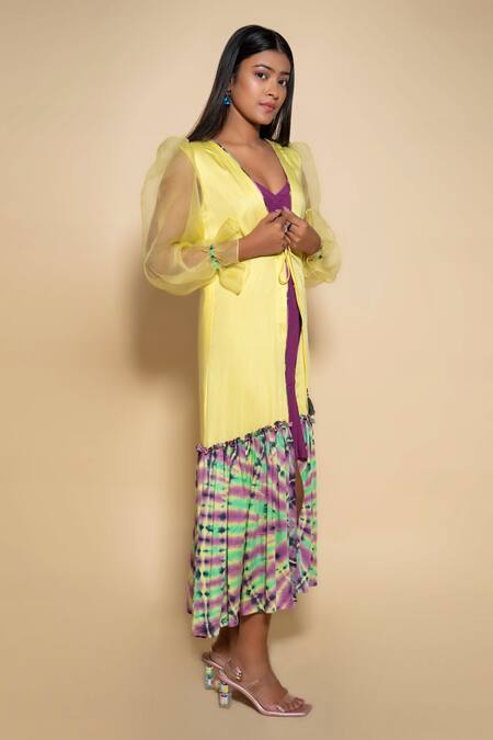 Buy_Ranng Label_Yellow Modal, Satin Open Neck Tie Dye Hem Shrug _Online_at_Aza_Fashions