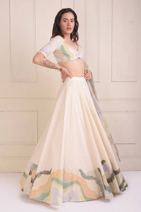 Buy_Shwetanga_Ivory Cotton Embroidery V-neck Placement Print Organic Lehenga Set _Online_at_Aza_Fashions