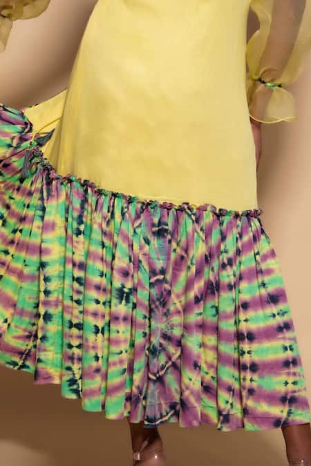 Shop_Ranng Label_Yellow Modal, Satin Open Neck Tie Dye Hem Shrug _Online_at_Aza_Fashions