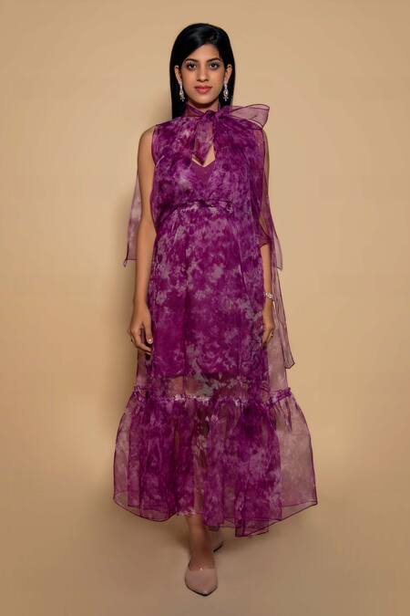 Ranng Label_Purple Organza Ruffles Turtle Neck Tie Dye Sheer Dress _Online_at_Aza_Fashions