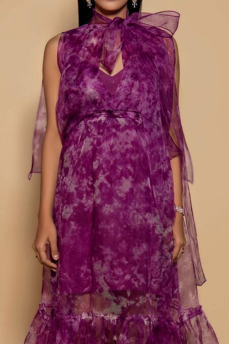 Buy_Ranng Label_Purple Organza Ruffles Turtle Neck Tie Dye Sheer Dress _Online_at_Aza_Fashions