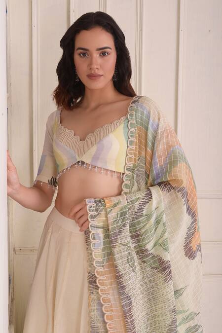 Shop_Shwetanga_Ivory Cotton Embroidery V-neck Placement Print Organic Lehenga Set _Online_at_Aza_Fashions
