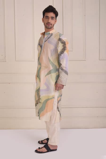 Buy_Shwetanga_Ivory Cotton Abstract Print Kurta And Pant Set _Online_at_Aza_Fashions