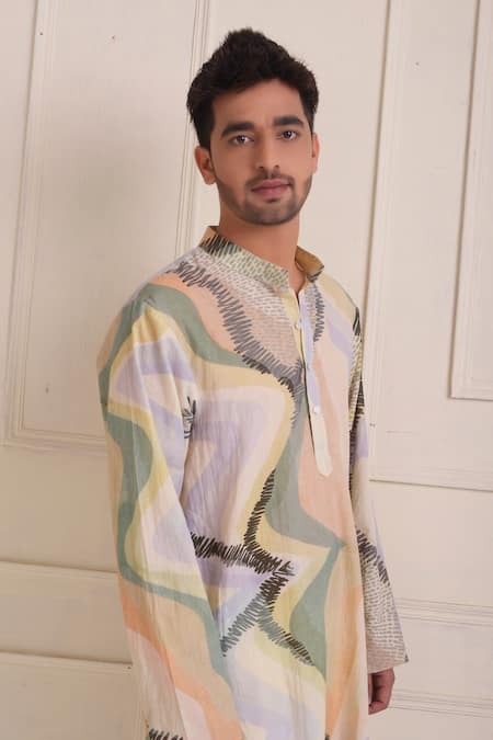 Shop_Shwetanga_Ivory Cotton Abstract Print Kurta And Pant Set _Online_at_Aza_Fashions