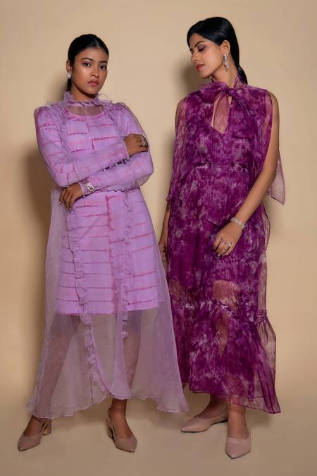 Shop_Ranng Label_Purple Organza Ruffles Turtle Neck Tie Dye Sheer Dress _Online_at_Aza_Fashions