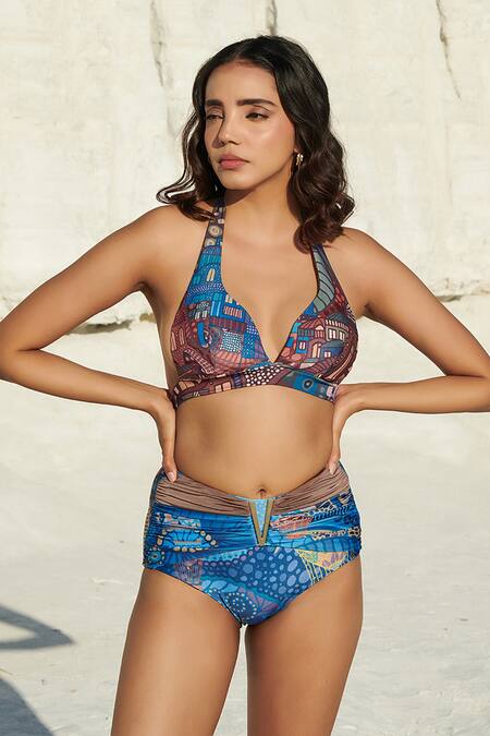 Buy_Tizzi_Blue Polyester Halter Neck Playful Bikini Set_Online_at_Aza_Fashions