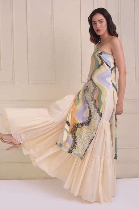 Shop_Shwetanga_Ivory Cotton Beads One Shoulder Organic Kurta And Sharara Set _Online_at_Aza_Fashions