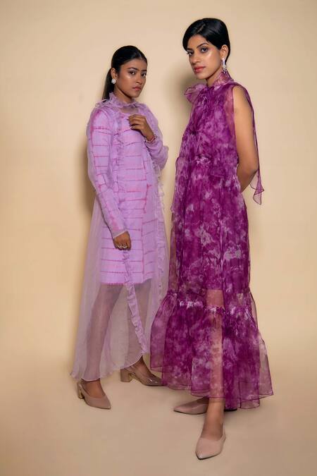 Ranng Label_Purple Organza, Lycra Ruffles High Neck Sheer Overlay And Tie Dye Dress _Online_at_Aza_Fashions