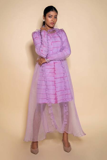 Shop_Ranng Label_Purple Organza, Lycra Ruffles High Neck Sheer Overlay And Tie Dye Dress _Online_at_Aza_Fashions