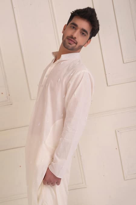 Buy_Shwetanga_Ivory Cotton Beads Embroidered Kurta And Pant Set _Online_at_Aza_Fashions