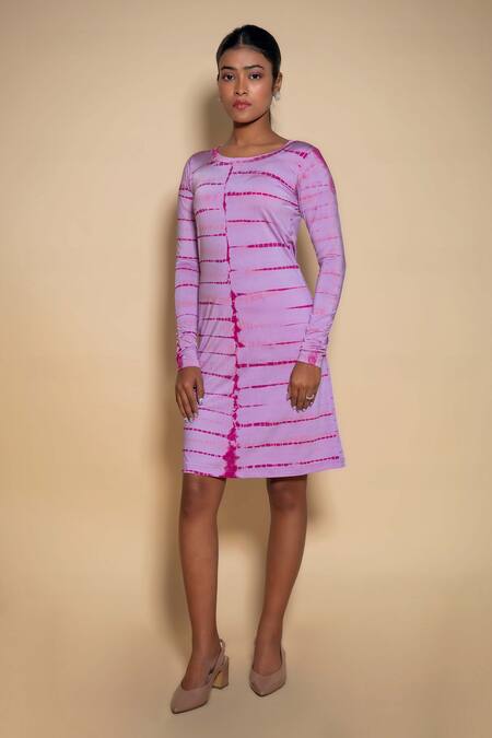 Ranng Label_Purple Organza, Lycra Ruffles High Neck Sheer Overlay And Tie Dye Dress _at_Aza_Fashions