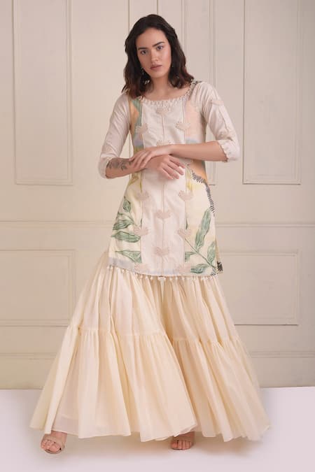 Shwetanga_Ivory Cotton Embroidery, Beads Round Neck Organic Kurta Sharara Set _Online_at_Aza_Fashions