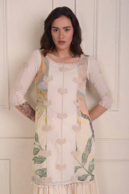 Buy_Shwetanga_Ivory Cotton Embroidery, Beads Round Neck Organic Kurta Sharara Set _Online_at_Aza_Fashions