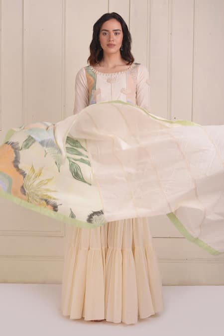 Shwetanga_Ivory Cotton Embroidery, Beads Round Neck Organic Kurta Sharara Set _at_Aza_Fashions