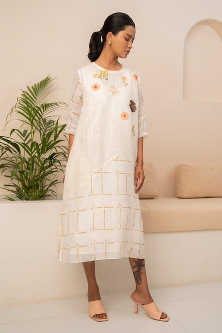 Arcvsh By Pallavi Singh_Ivory Linen Embroidery Round Neck Flower And Geometric Print Dress _Online_at_Aza_Fashions