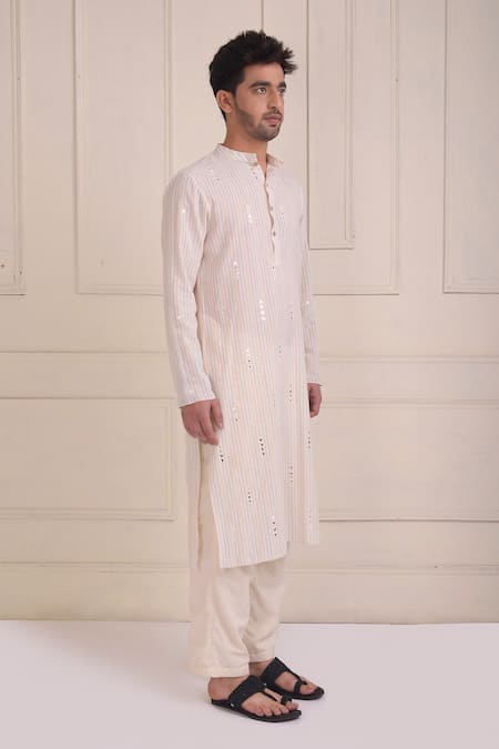 Shwetanga_Ivory Cotton Mirrors, Embroidery Kurta And Pant Set _Online_at_Aza_Fashions