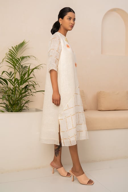 Buy_Arcvsh By Pallavi Singh_Ivory Linen Embroidery Round Neck Flower And Geometric Print Dress _Online_at_Aza_Fashions