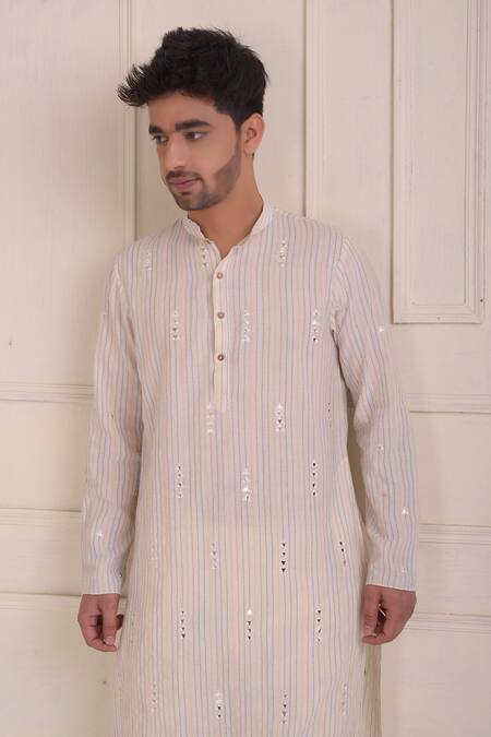 Buy_Shwetanga_Ivory Cotton Mirrors, Embroidery Kurta And Pant Set _Online_at_Aza_Fashions