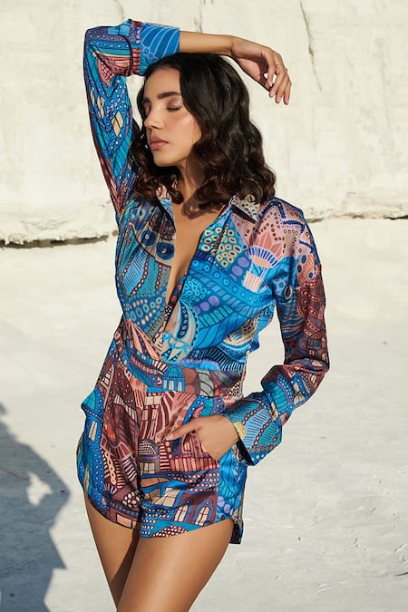Buy_Tizzi_Blue Chiffon, Satin Collared Barracuda Playsuit _Online_at_Aza_Fashions