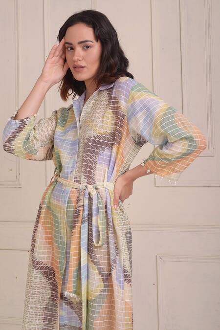 Buy_Shwetanga_Ivory Cotton Beads Collared Organic Printed Shirt Dress _Online_at_Aza_Fashions