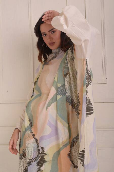Shop_Shwetanga_Ivory Cotton Beads High Neck Abstract Print Draped Dress _Online_at_Aza_Fashions