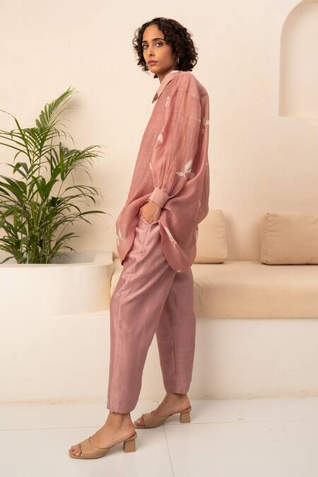 Buy_Arcvsh By Pallavi Singh_Purple Chanderi Embroidery Collared Leaf Print Shirt With Pant _Online_at_Aza_Fashions