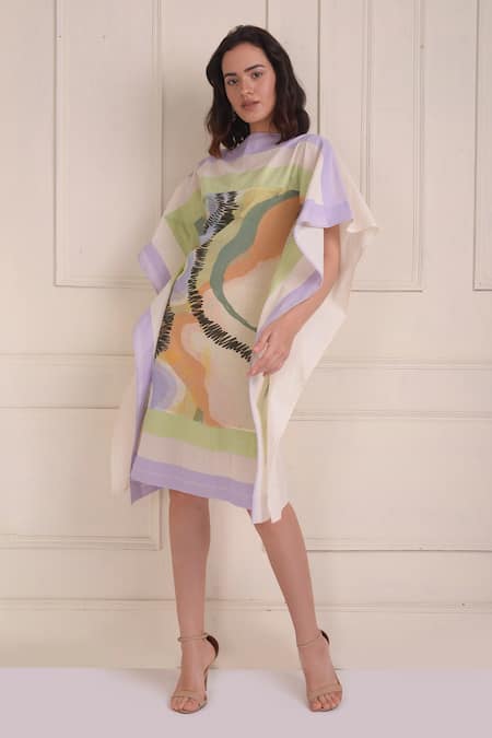 Shwetanga_Ivory Cotton Embroidery Boat Neck Organic Printed Scarf Dress _Online_at_Aza_Fashions