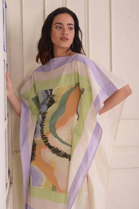 Buy_Shwetanga_Ivory Cotton Embroidery Boat Neck Organic Printed Scarf Dress _Online_at_Aza_Fashions