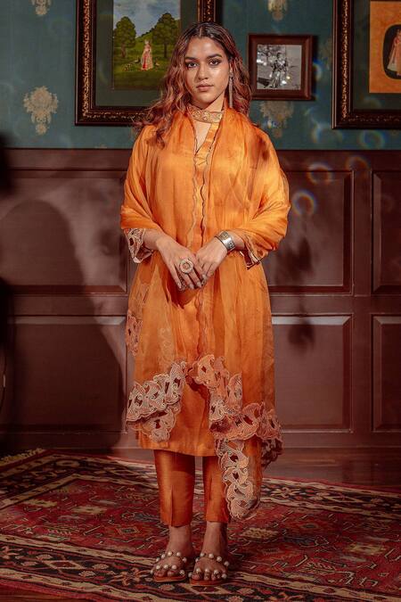 LAHARIO_Orange , Organza, Denim Cut Work, Embroidery Border Kurta Pant Set _at_Aza_Fashions