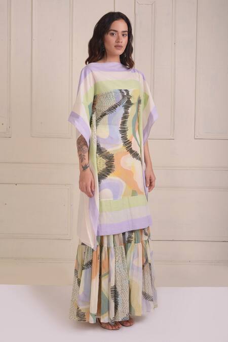 Shwetanga_Ivory Cotton Tassels Round Neck Abstract Print Organic Sharara Set _Online_at_Aza_Fashions