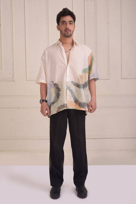 Shop_Shwetanga_Ivory Cotton Patchwork Printed Oversized Shirt _Online_at_Aza_Fashions