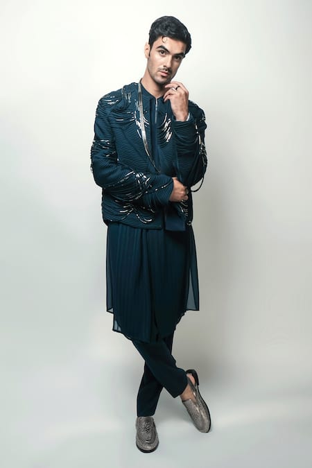 Shop_Rohit Gandhi + Rahul Khanna_Blue Crepe Embroidery Finial Embellished Jacket _Online_at_Aza_Fashions