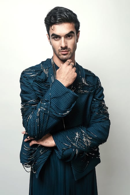 Rohit Gandhi + Rahul Khanna_Blue Crepe Embroidery Finial Embellished Jacket _at_Aza_Fashions