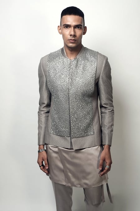 Buy Rohit Gandhi + Rahul Khanna Grey Satin Louvers Wrap Around Kurta Online at Aza Fashions Buy_Rohit Gandhi + Rahul Khanna_Grey Satin Louvers Wrap Around Kurta _Online_at_Aza_Fashions