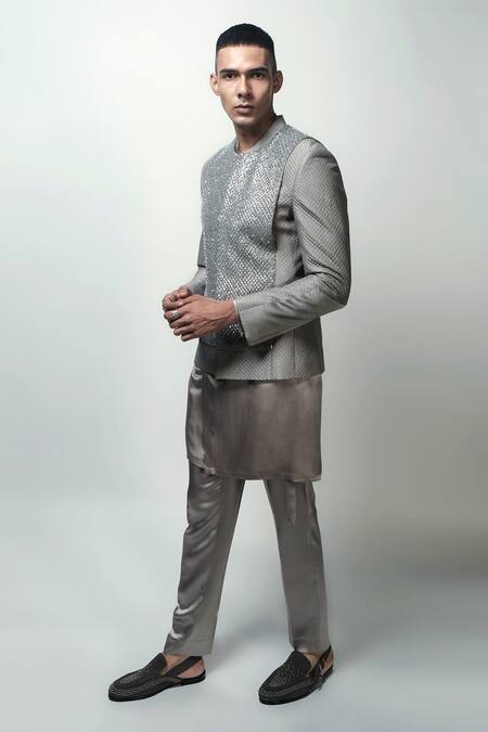 Shop Rohit Gandhi + Rahul Khanna Grey Silk Embroidery Louvers Jacket Online at Aza Fashions Shop_Rohit Gandhi + Rahul Khanna_Grey Silk Embroidery Louvers Jacket _Online_at_Aza_Fashions