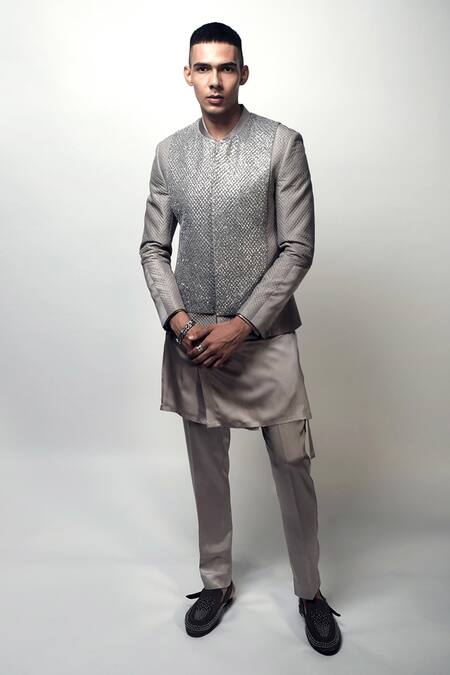 Rohit Gandhi + Rahul Khanna Grey Silk Embroidery Louvers Jacket at Aza Fashions Rohit Gandhi + Rahul Khanna_Grey Silk Embroidery Louvers Jacket _at_Aza_Fashions