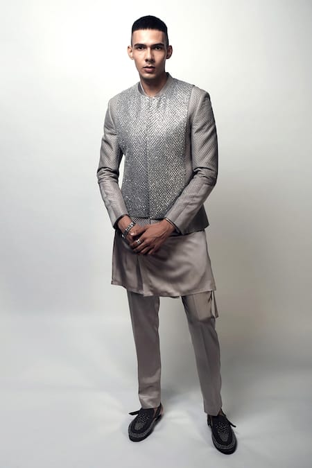 Rohit Gandhi + Rahul Khanna Grey Satin Louvers Wrap Around Kurta at Aza Fashions Rohit Gandhi + Rahul Khanna_Grey Satin Louvers Wrap Around Kurta _at_Aza_Fashions