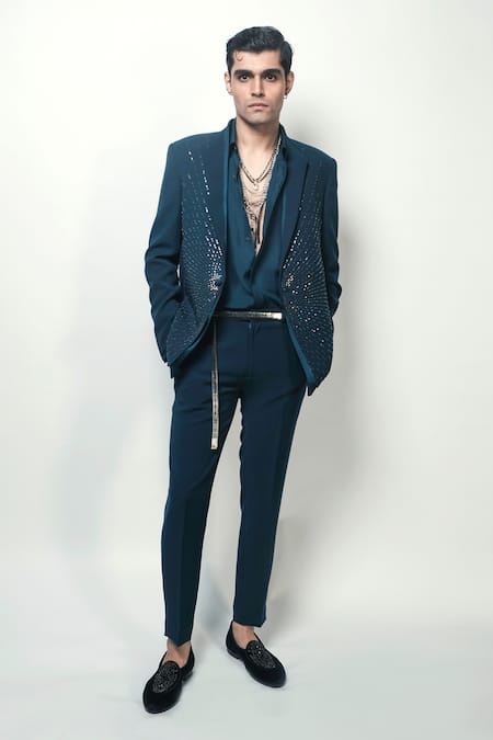 Buy Rohit Gandhi + Rahul Khanna Blue Crepe Crystals, Beads Ionic Embroidered Single Breasted Blazer Online at Aza Fashions Buy_Rohit Gandhi + Rahul Khanna_Blue Crepe Crystals, Beads Ionic Embroidered Single Breasted Blazer _Online_at_Aza_Fashions