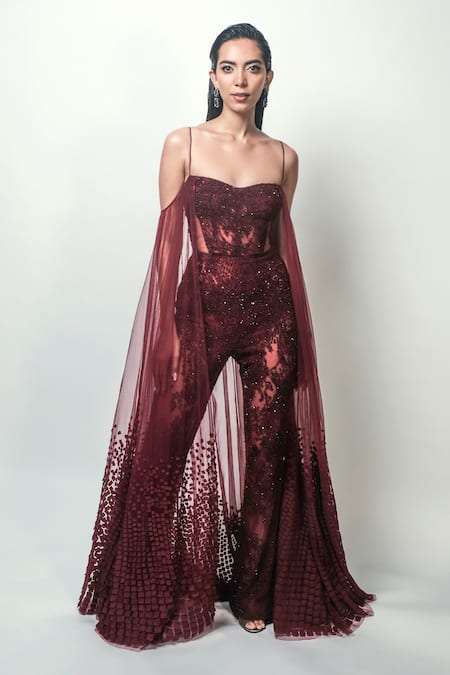 Buy_Rohit Gandhi + Rahul Khanna_Maroon Tulle, Silk Sequins, Crystals, Zari Sweetheart Axio Embellished Jumpsuit _Online_at_Aza_Fashions