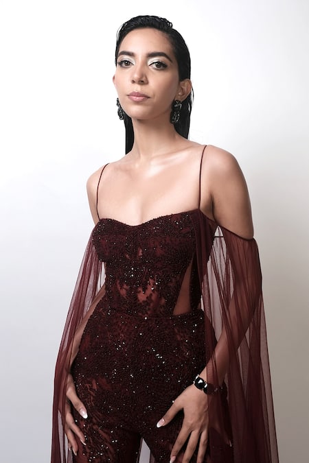 Buy_Rohit Gandhi + Rahul Khanna_Maroon Tulle, Silk Sequins, Crystals, Zari Sweetheart Axio Embellished Jumpsuit 