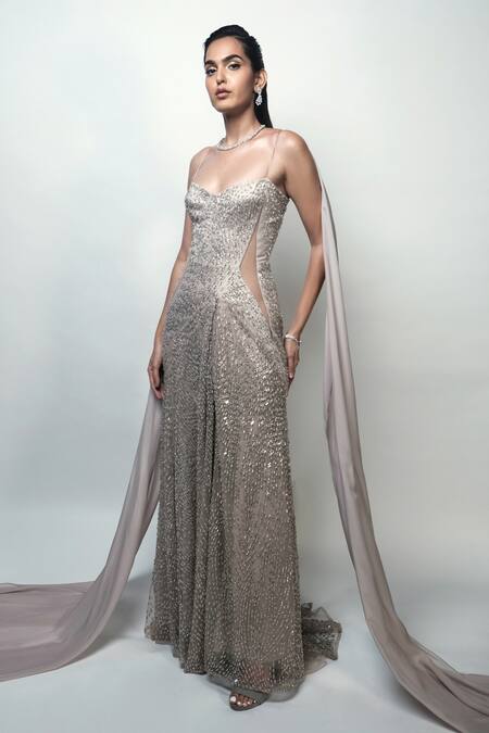 Rohit Gandhi + Rahul Khanna Beige Tulle Crystals, Metallic Thread Sweetheart Neck Nave Gown at Aza Fashions Rohit Gandhi + Rahul Khanna_Beige Tulle Crystals, Metallic Thread Sweetheart Neck Nave Gown _at_Aza_Fashions