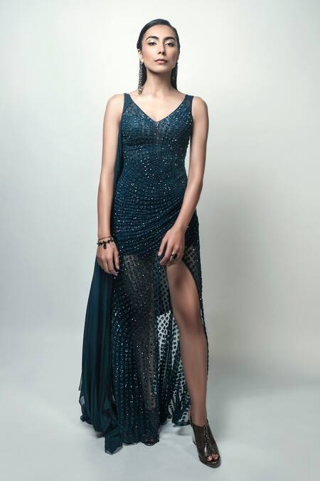 Shop Rohit Gandhi + Rahul Khanna Blue Tulle Beads, Sequins, Crystals One Shoulder Ada Off Gown Online at Aza Fashions Shop_Rohit Gandhi + Rahul Khanna_Blue Tulle Beads, Sequins, Crystals One Shoulder Ada Off Gown _Online_at_Aza_Fashions