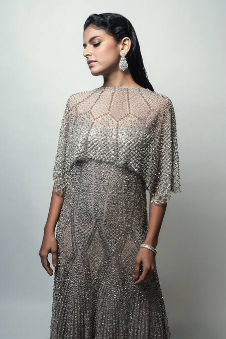Rohit Gandhi + Rahul Khanna_Purple Tulle Sequins, Crystals Cupola A-line Embellished Dress With Short Cape _Online_at_Aza_Fashions