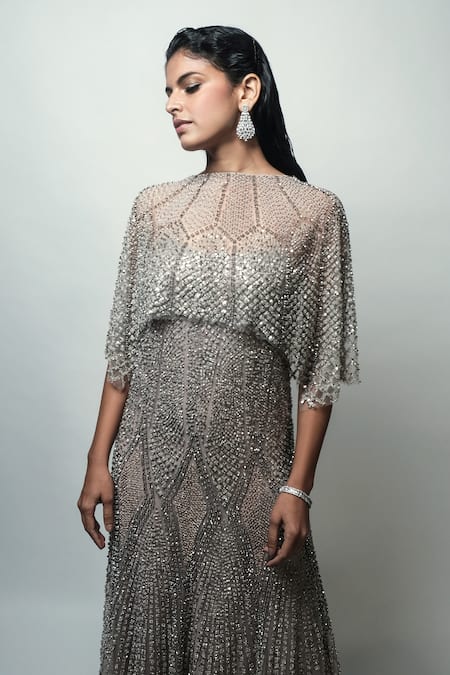 Rohit Gandhi + Rahul Khanna_Beige Cupola Embellished Cape _Online_at_Aza_Fashions