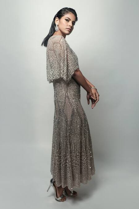 Buy_Rohit Gandhi + Rahul Khanna_Purple Tulle Sequins, Crystals Cupola A-line Embellished Dress With Short Cape _Online_at_Aza_Fashions