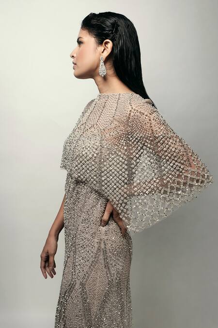 Shop_Rohit Gandhi + Rahul Khanna_Beige Cupola Embellished Cape _Online_at_Aza_Fashions
