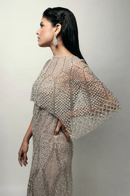 Shop_Rohit Gandhi + Rahul Khanna_Purple Tulle Sequins, Crystals Cupola A-line Embellished Dress With Short Cape _Online_at_Aza_Fashions