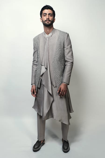 Buy Rohit Gandhi + Rahul Khanna Grey Silk Beads Ashlar Metallic Jacket Online at Aza Fashions Buy_Rohit Gandhi + Rahul Khanna_Grey Silk Beads Ashlar Metallic Jacket _Online_at_Aza_Fashions